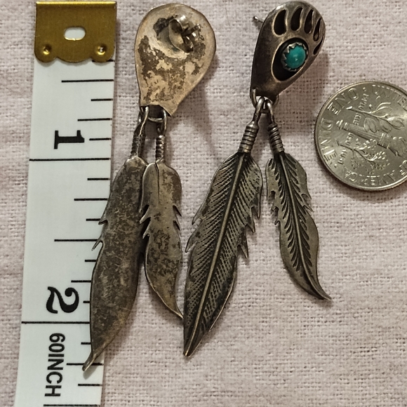 Silver Feather Earrings with Turquoise Accent - Picture 2 of 3